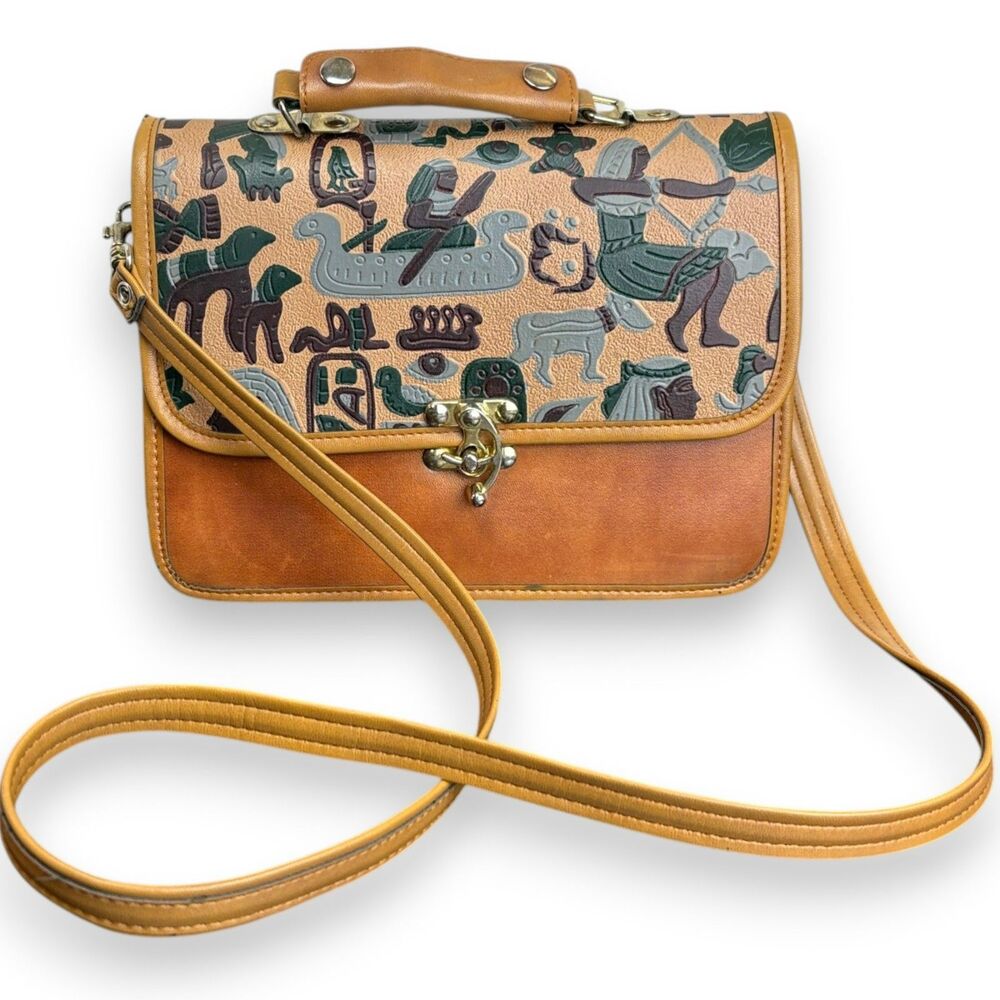 Vintage Made in Korea Leather Satchel Crossbody Bag Boho Folk Art Tooled Design